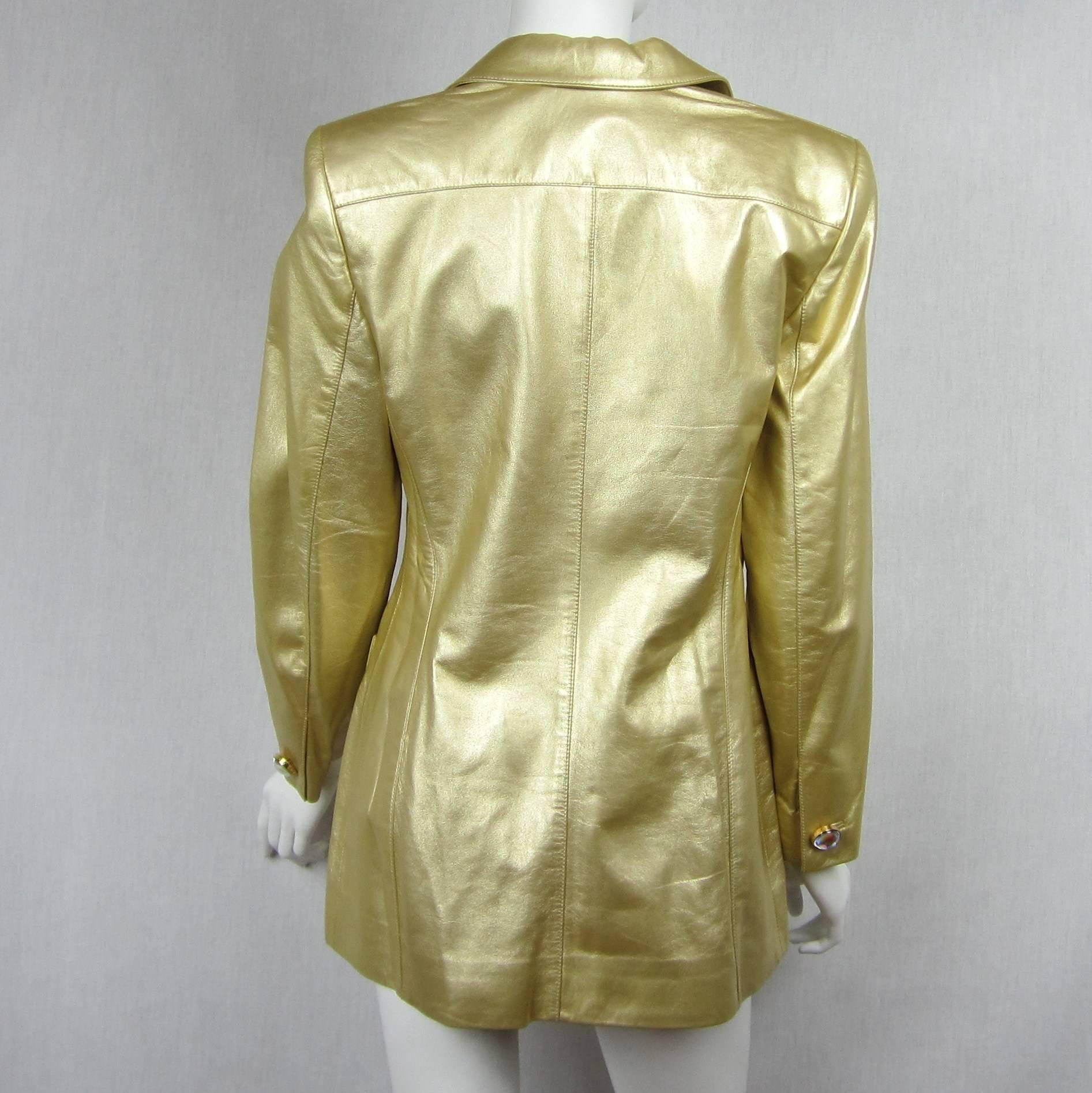 Escada Gold Leather Blazer Jacket Double Breasted Shimmering  1990s UK 38  In New Condition For Sale In Wallkill, NY