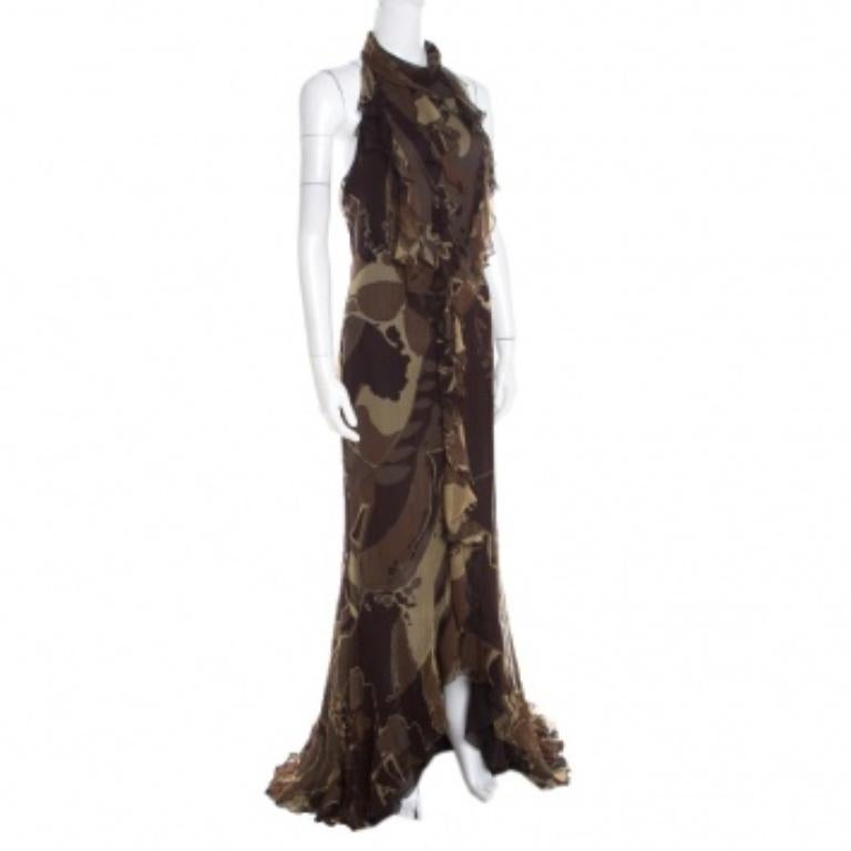 Black Escada Green and Brown Fauna Print Plisse Silk Ruffled Halter Maxi Dress M