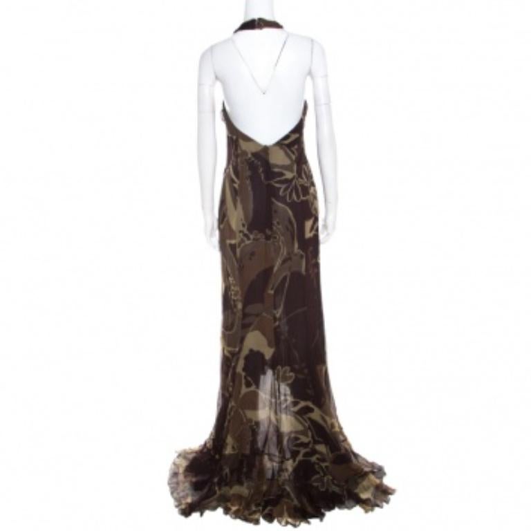 Escada Green and Brown Fauna Print Plisse Silk Ruffled Halter Maxi Dress M In Good Condition In Dubai, Al Qouz 2