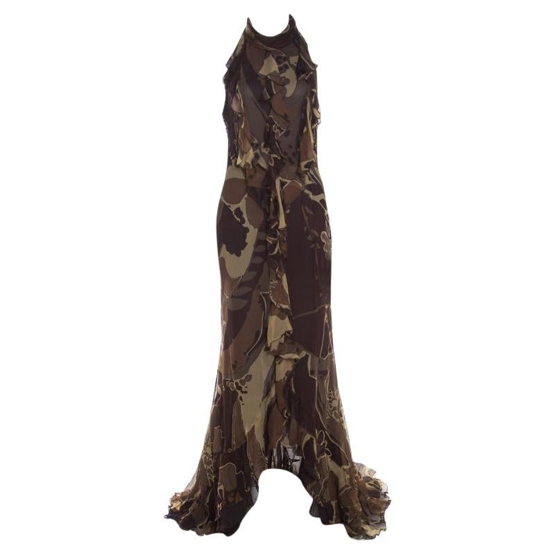 Escada Green and Brown Fauna Print Plisse Silk Ruffled Halter Maxi Dress M For Sale