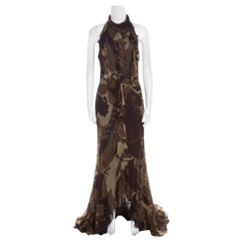Escada Green and Brown Fauna Print Plisse Silk Ruffled Halter Maxi Dress M