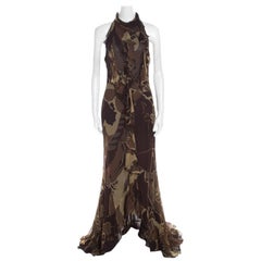 Escada Green and Brown Fauna Print Plisse Silk Ruffled Halter Maxi Dress M