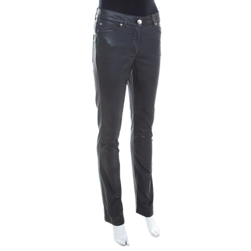 Black Escada Grey Coated Stretch Denim Straight Leg Jeans M