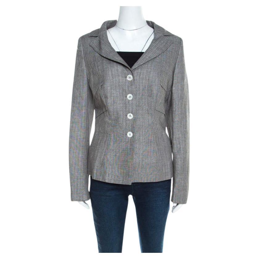 Escada Grey Linen and Wool Pleat Detail Tailored Blazer L