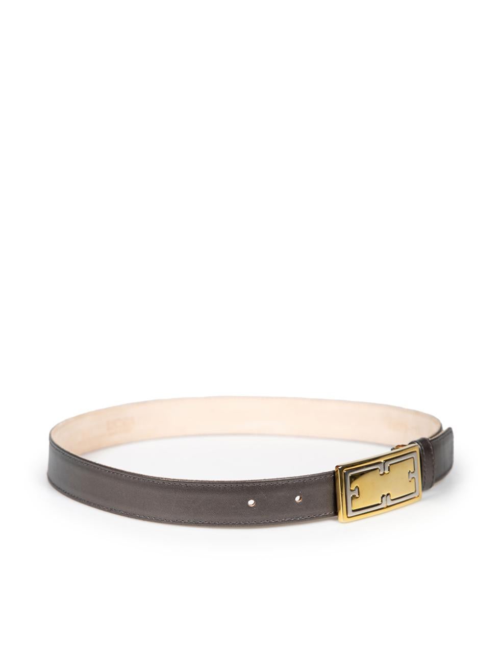 CONDITION is Very good. Minimal wear to belt is evident. Minimal wear to the buckle with slight scratches and fraying to the edges. An extra hole has been made used Escada designer resale item.
 
 
 
 Details
 
 
 Grey metallic
 
 Leather
 
 Belt
 
