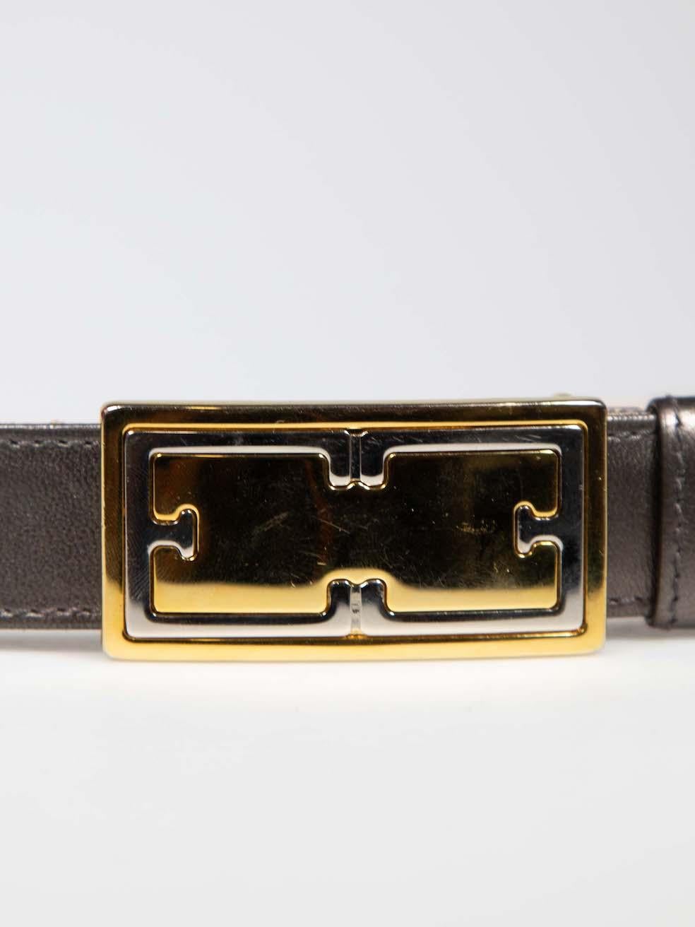 Women's Escada Grey Metallic Leather Logo Buckle Belt For Sale