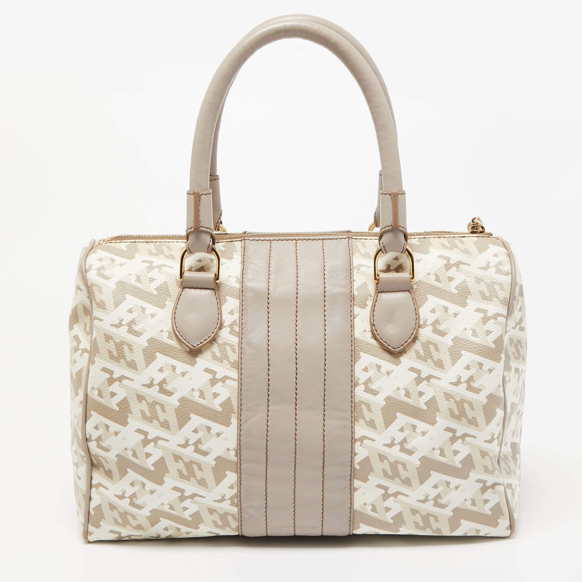Escada Grey/Multicolor Printed Coated Canvas and Leather Bowler Bag In Good Condition In Dubai, Al Qouz 2