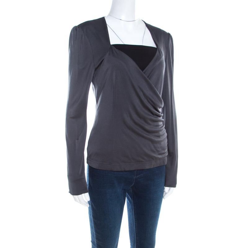 Black Escada Grey Silk Knit Ruched Crossover Front Long Sleeve Top L