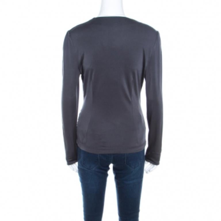Escada Grey Silk Knit Ruched Crossover Front Long Sleeve Top M 1