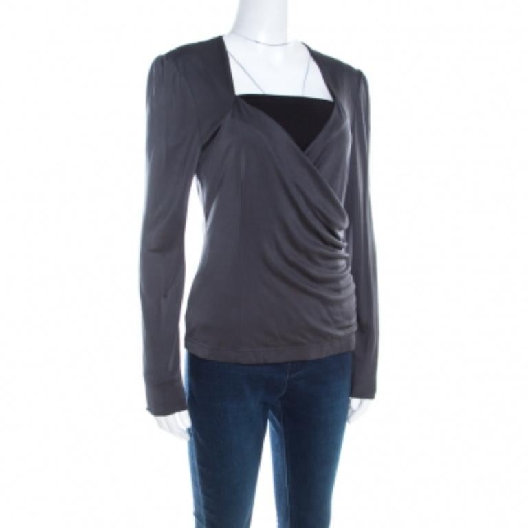 Escada Grey Silk Knit Ruched Crossover Front Long Sleeve Top M 2