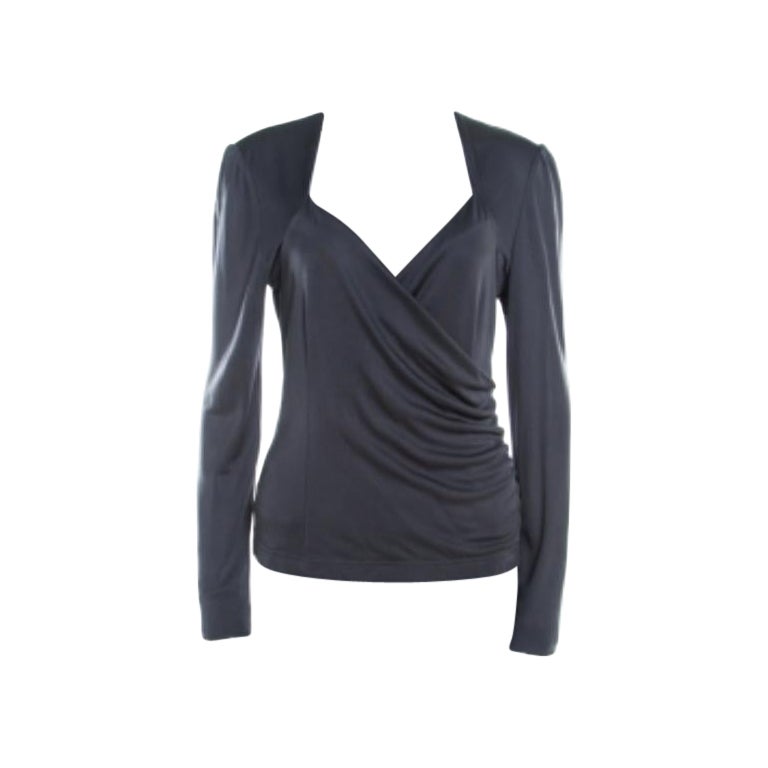 Escada Grey Silk Knit Ruched Crossover Front Long Sleeve Top M