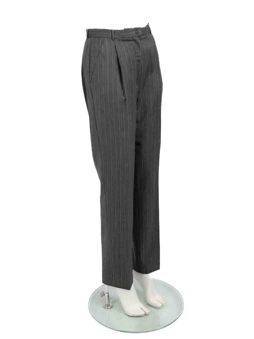 CONDITION is Very good. Minimal wear to trousers is evident. Minimal wear to the front right leg with a small hole on this used Escada designer resale item.
 
 
 
 Details
 
 
 Grey
 
 Wool
 
 Trousers
 
 Striped pattern
 
 Straight leg
 
 Mid rise

