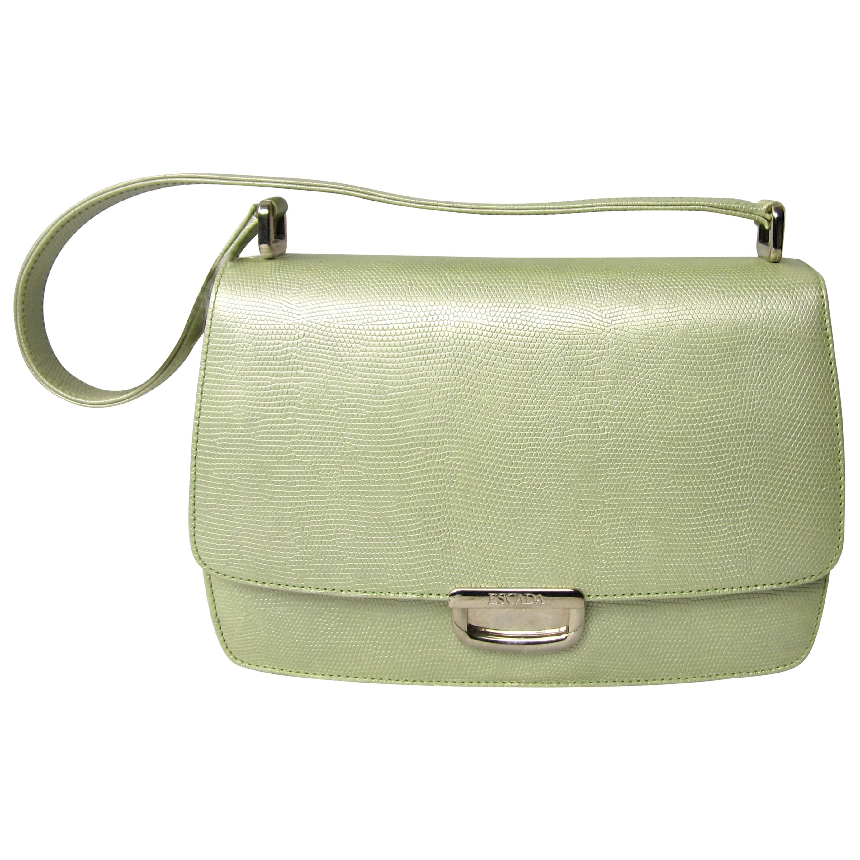 ESCADA Handbag Pearl Lime Green Reptile Embossed Leather 1980's New Never Used