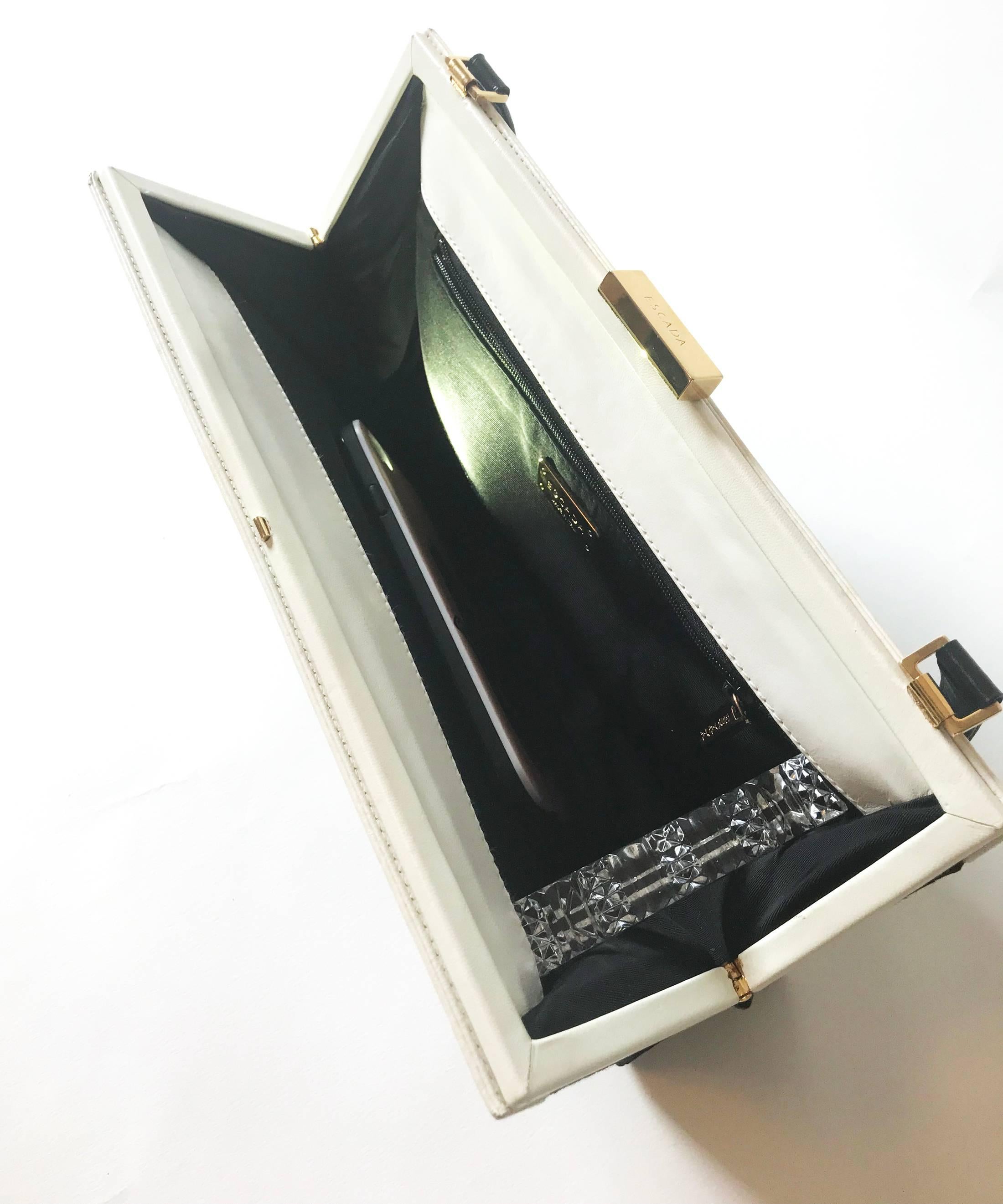 Escada Handbag, black diplomatic stripe canvas  and white leather. For Sale 7