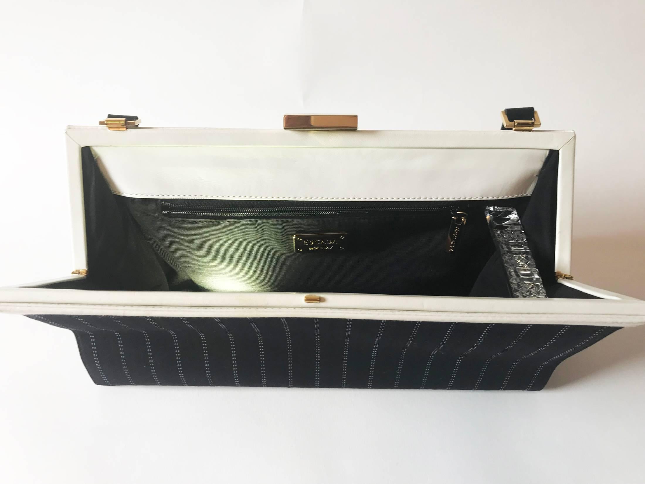 Escada Handbag, black diplomatic stripe canvas  and white leather. For Sale 8