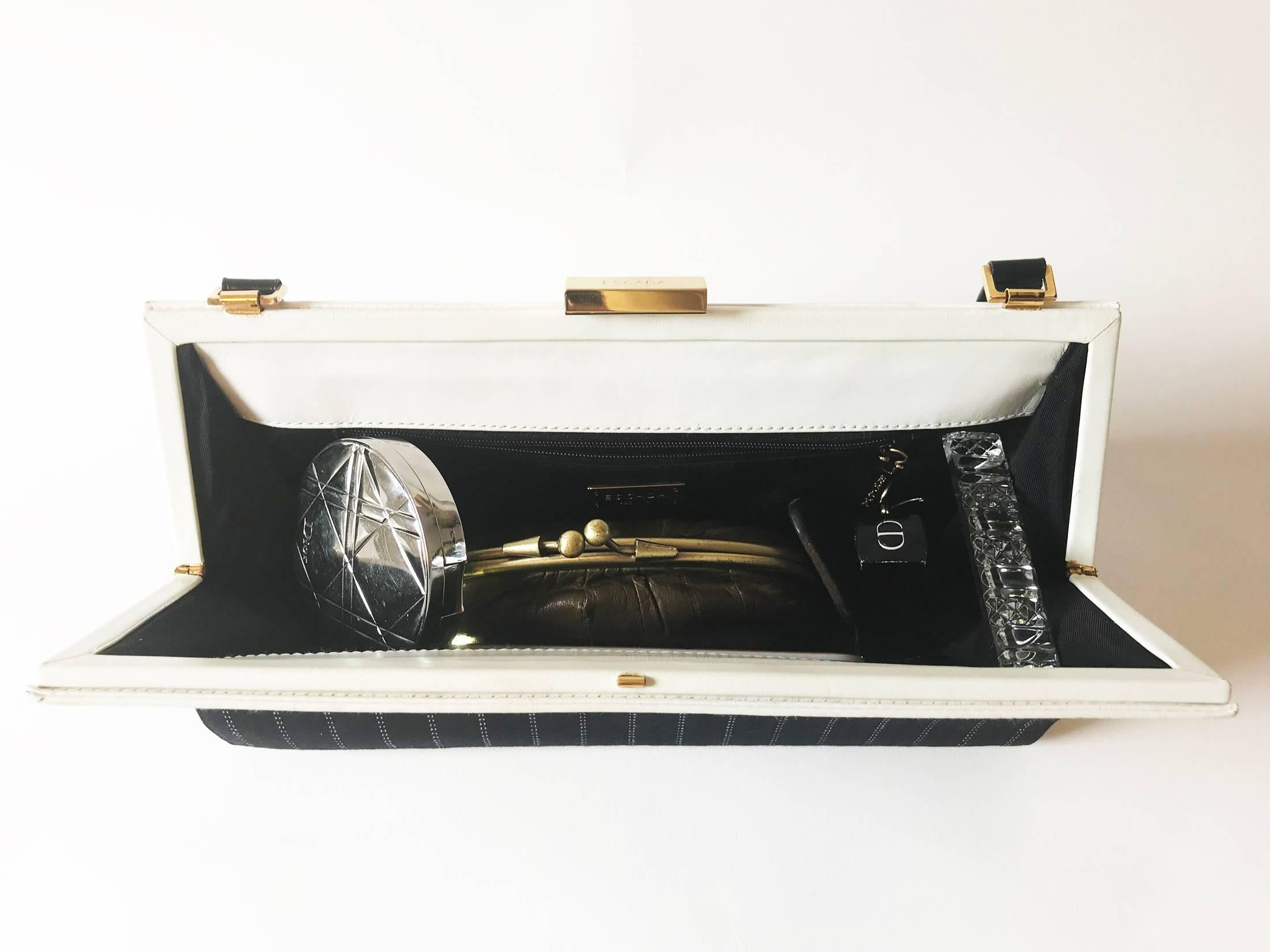 Escada Handbag, black diplomatic stripe canvas  and white leather. For Sale 10