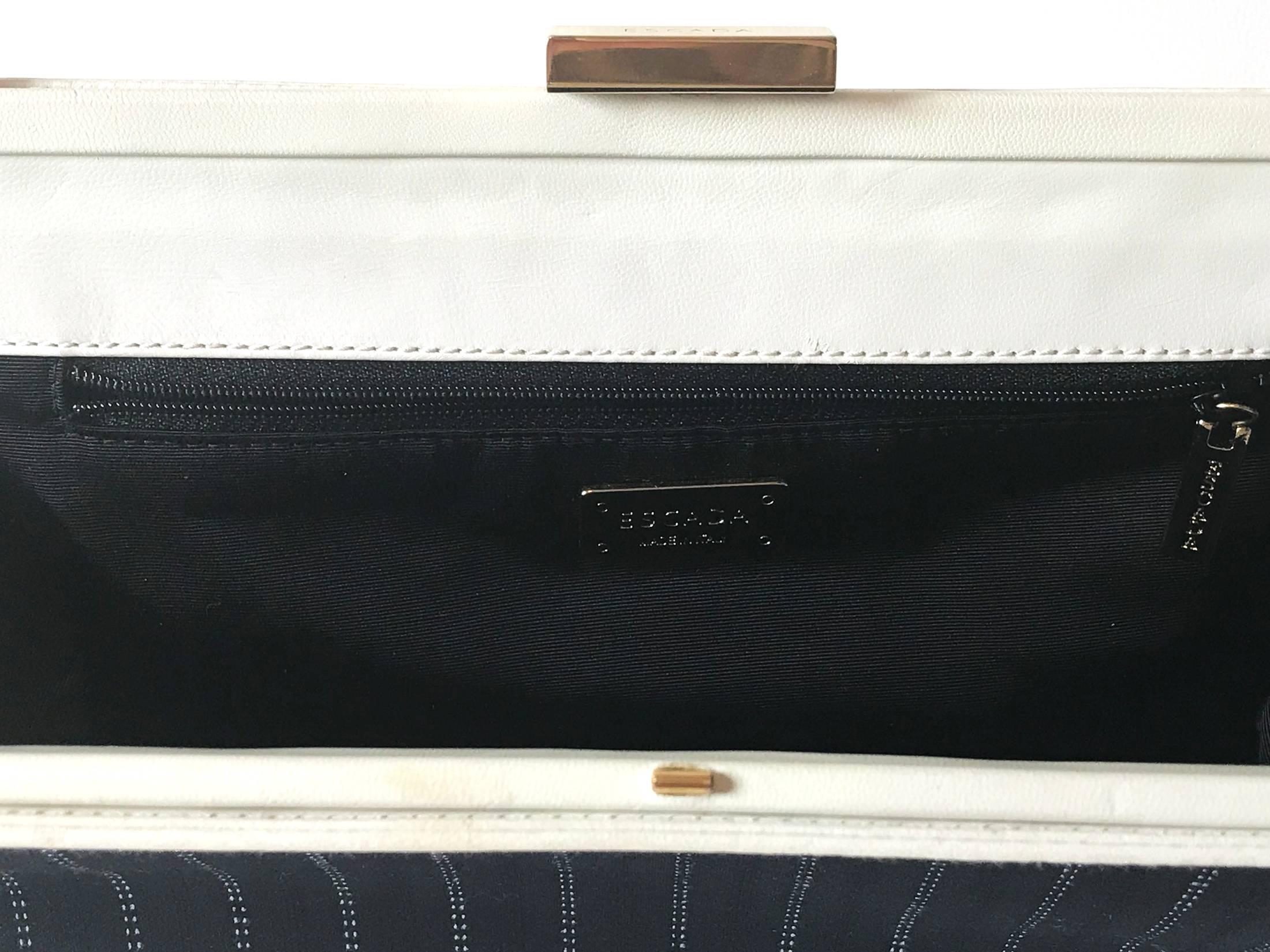 Escada Handbag, black diplomatic stripe canvas  and white leather. For Sale 12