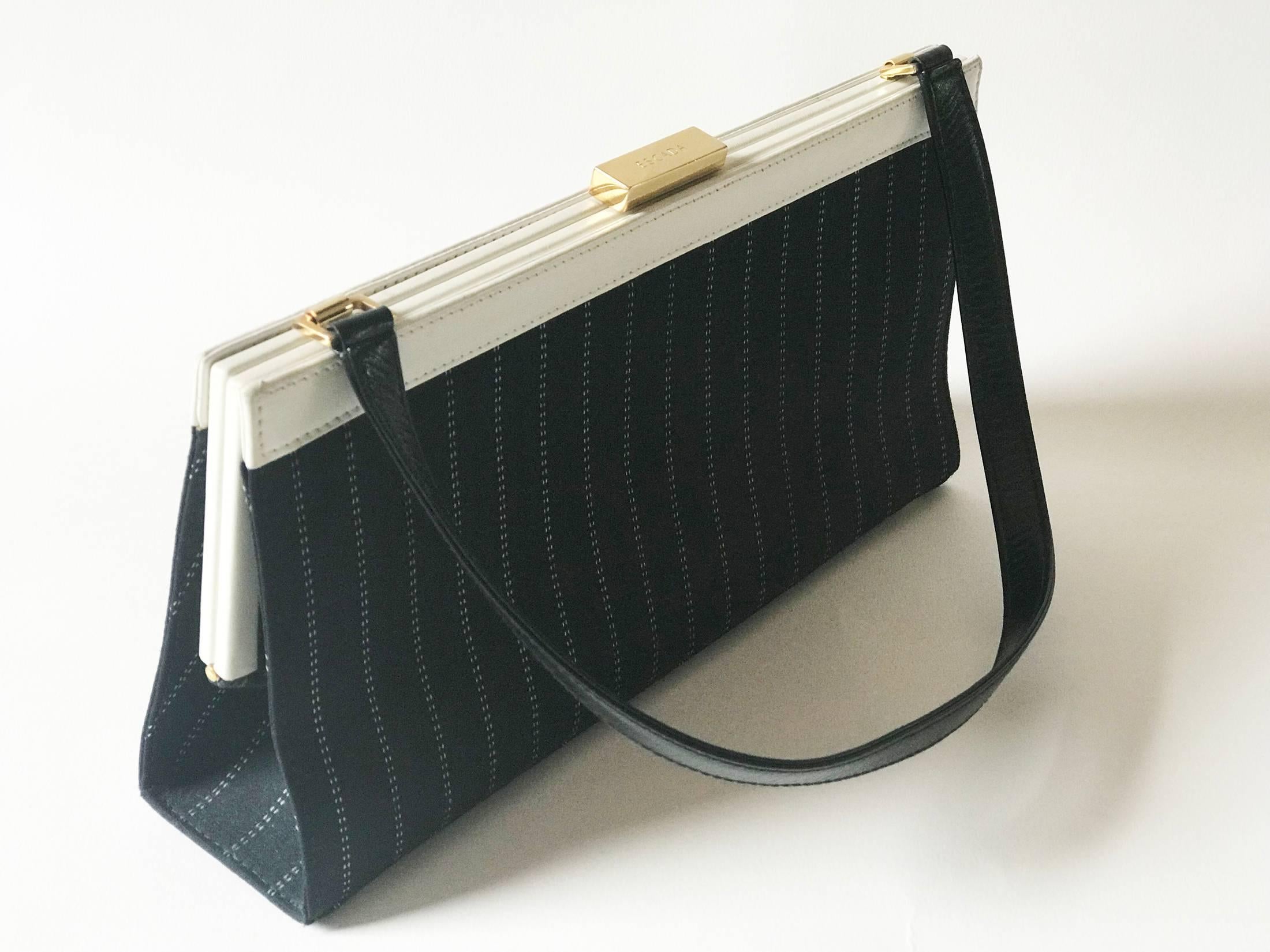 Black Escada Handbag, black diplomatic stripe canvas  and white leather. For Sale