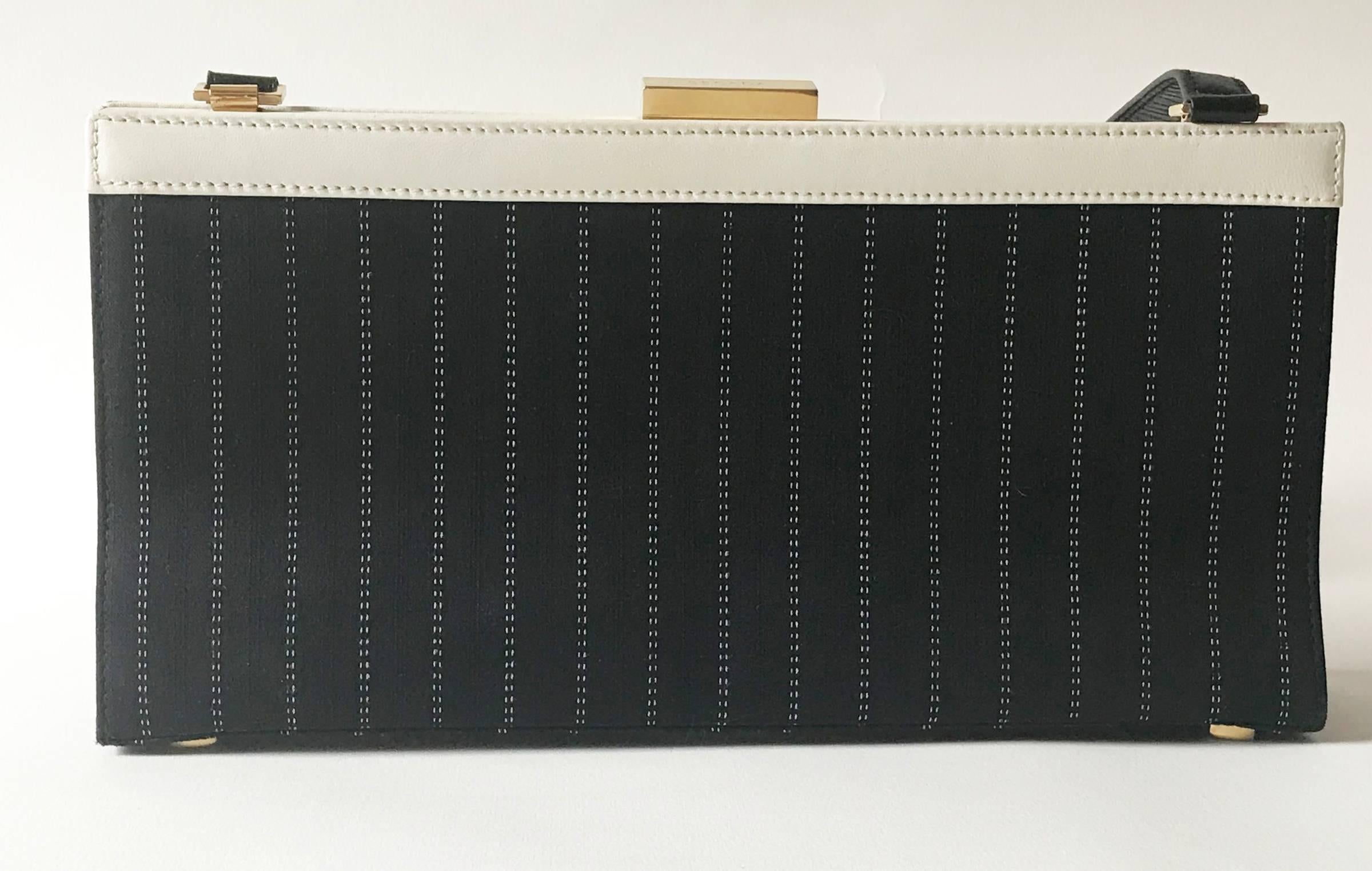 Women's Escada Handbag, black diplomatic stripe canvas  and white leather. For Sale