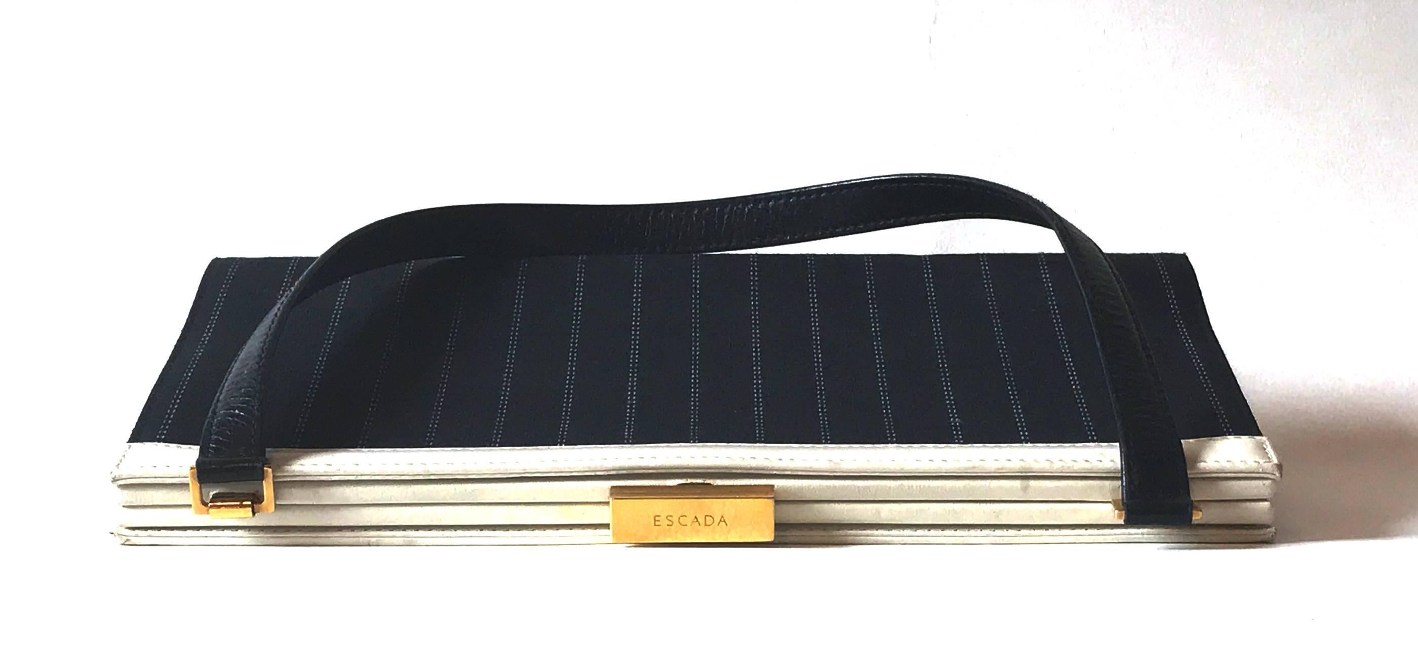 Escada Handbag, black diplomatic stripe canvas  and white leather. For Sale 3