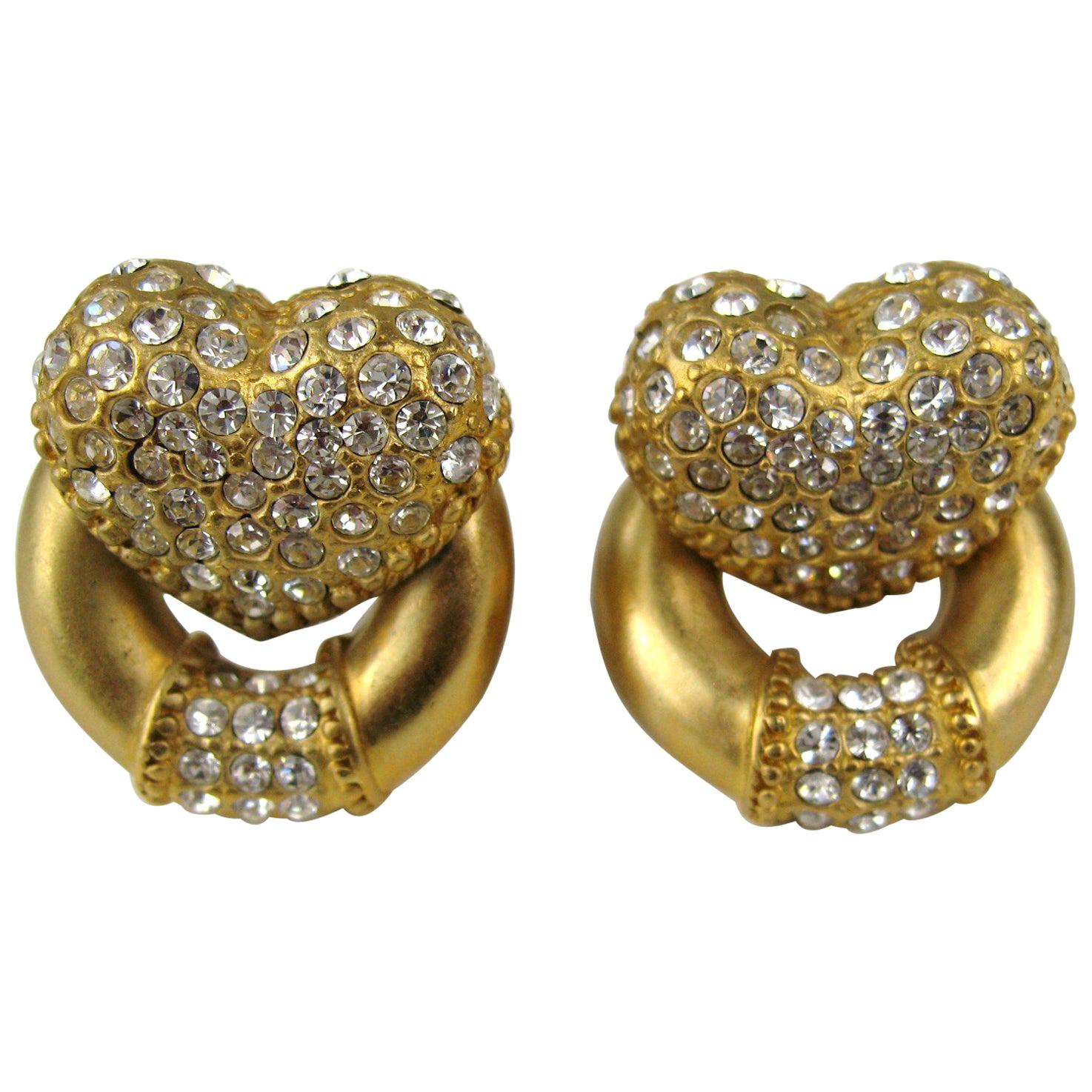 Escada Heart Crystal Pave Earrings New, Never Worn 1990s For Sale