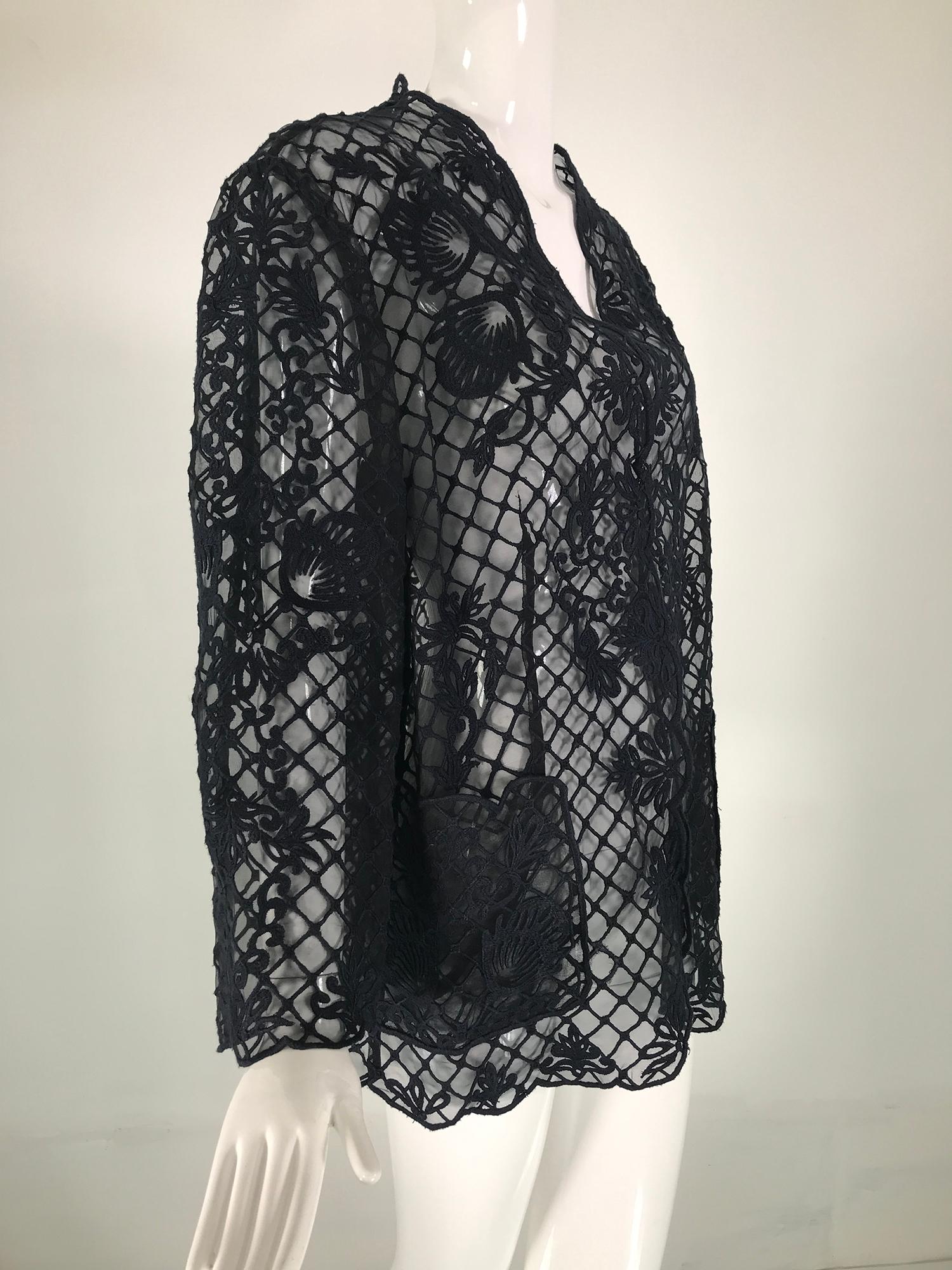 Escada Heavily Embroidered Black Silk Organza Unlined Jacket with Pockets In Good Condition For Sale In West Palm Beach, FL