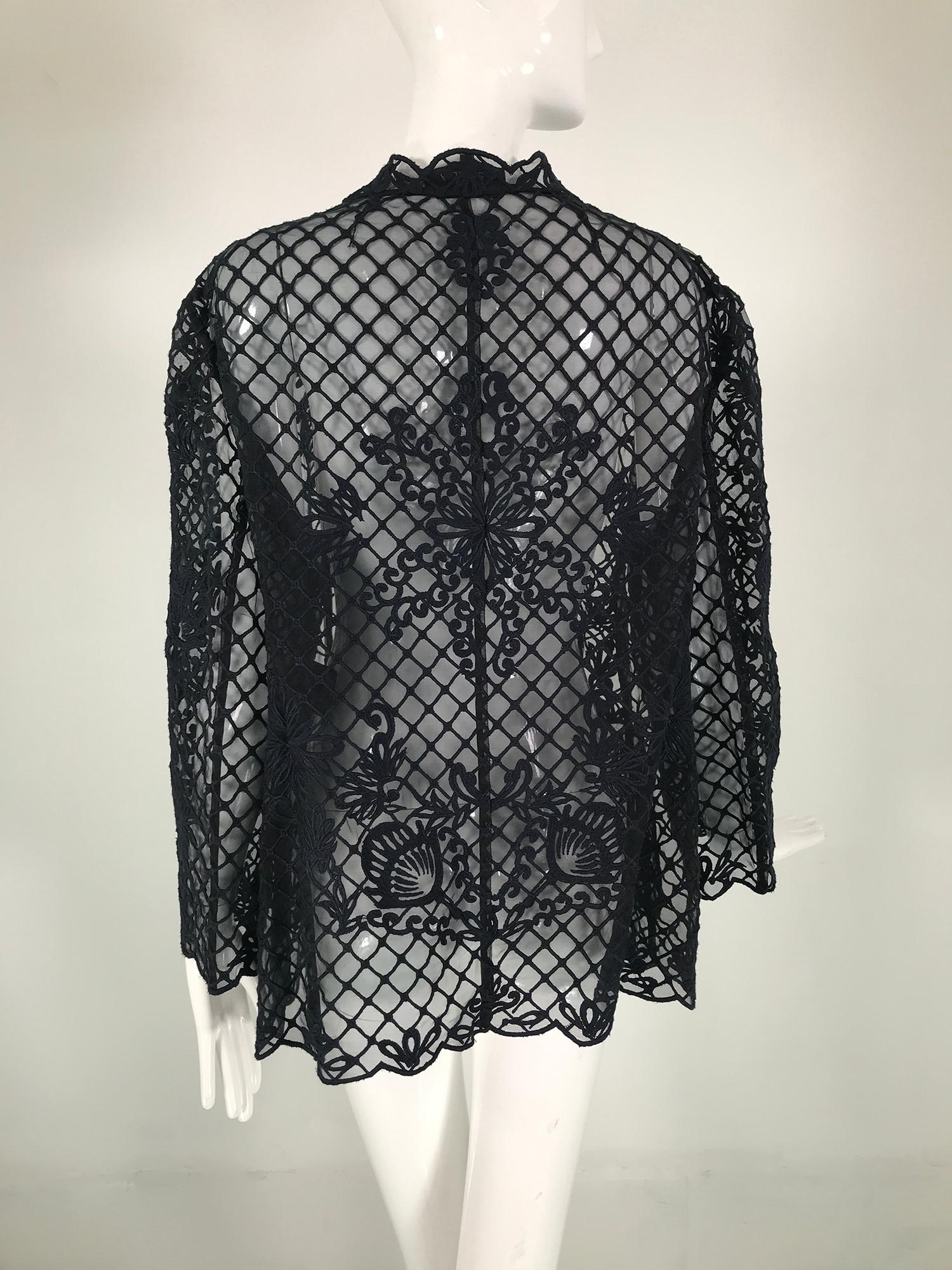 Escada Heavily Embroidered Black Silk Organza Unlined Jacket with Pockets For Sale 2