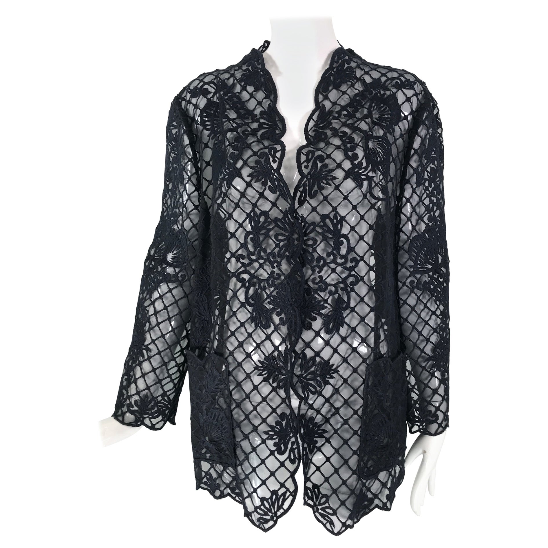 Escada Chaqueta sin forro de organza de seda negra muy bordada con bolsillos