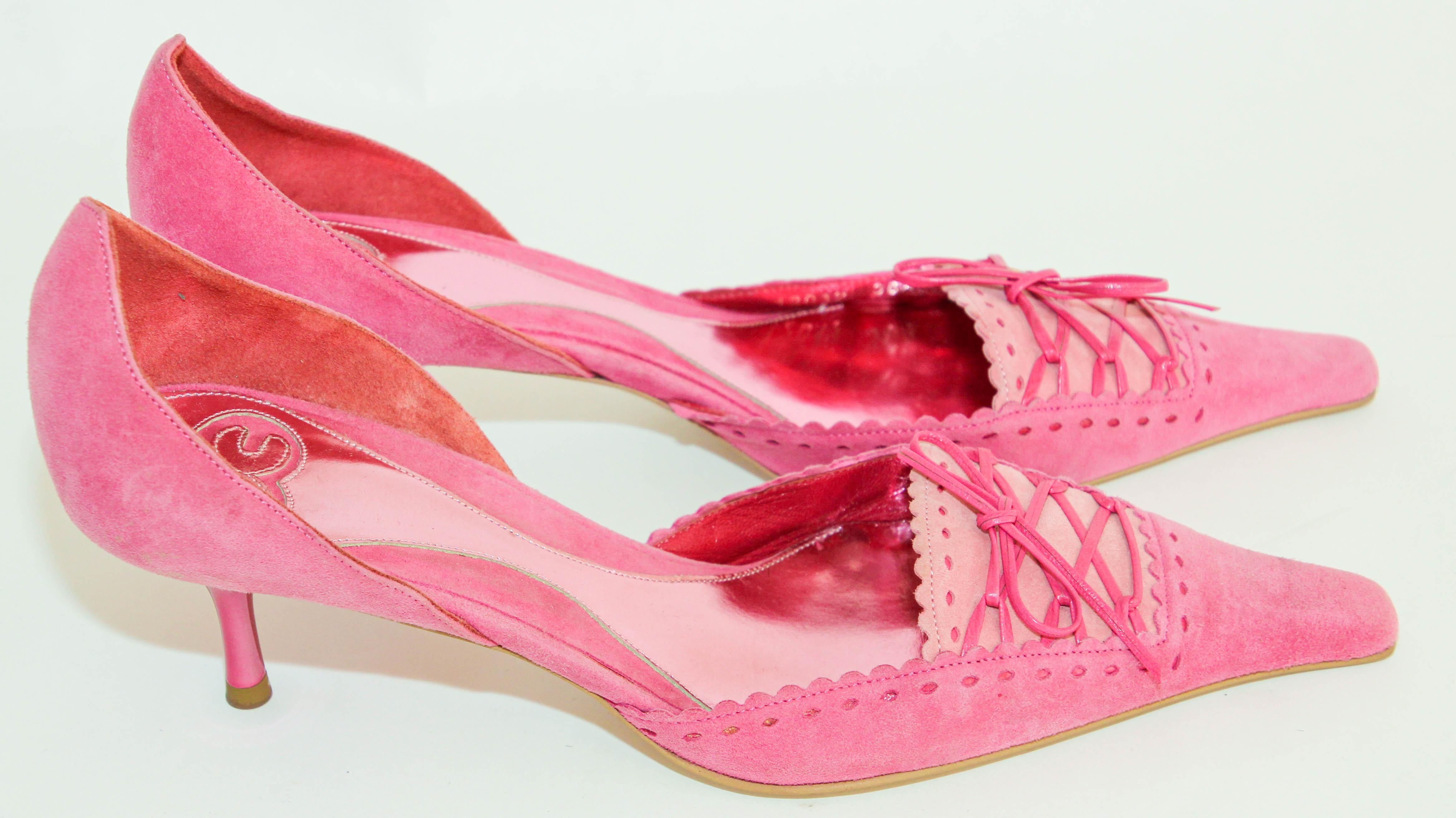 Escada Hot Pink Suede Pumps with Leather Details Size 36.5 Italy 7