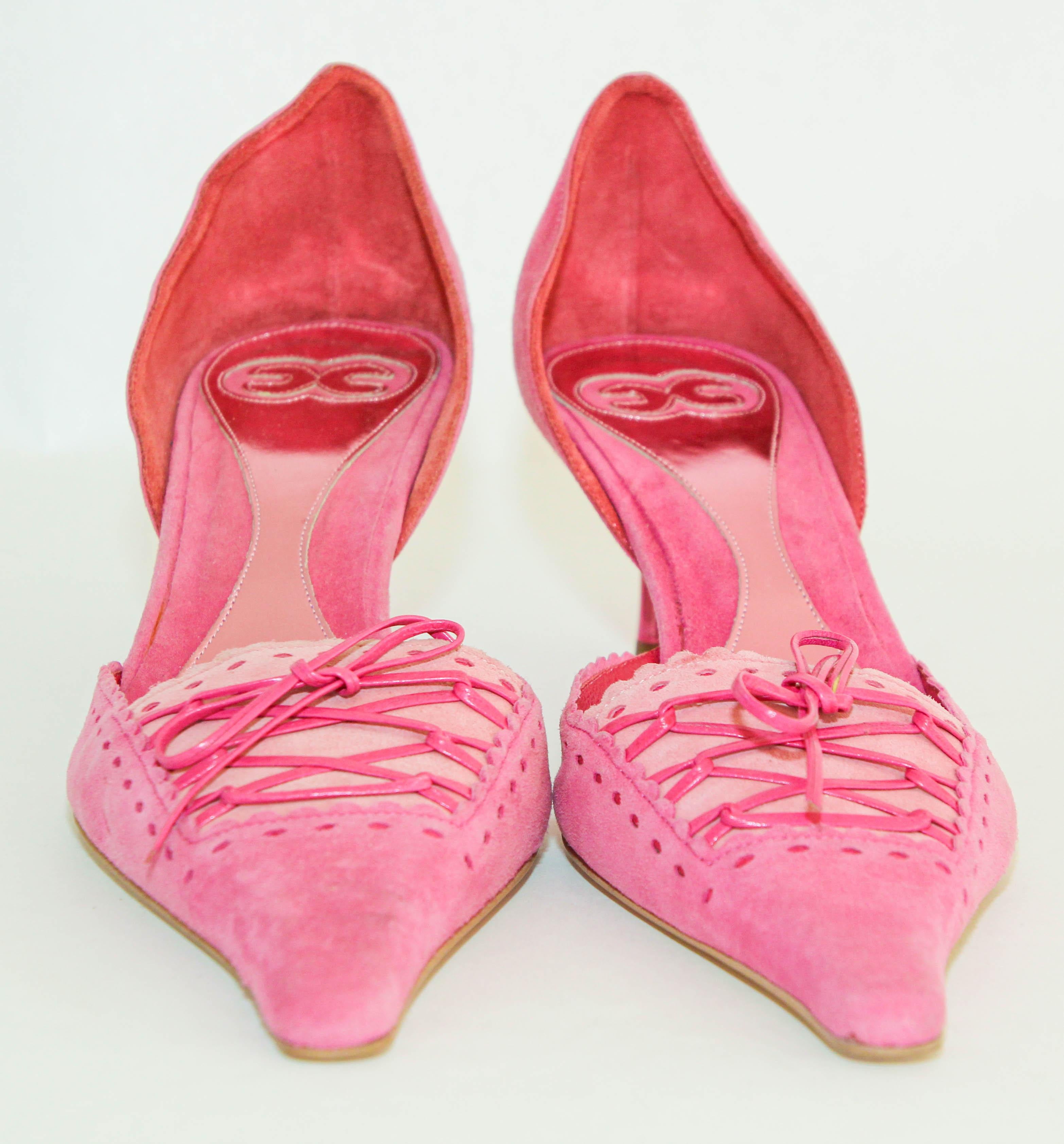 Escada Hot Pink Suede Pumps with Leather Details Size 36.5 Italy 8