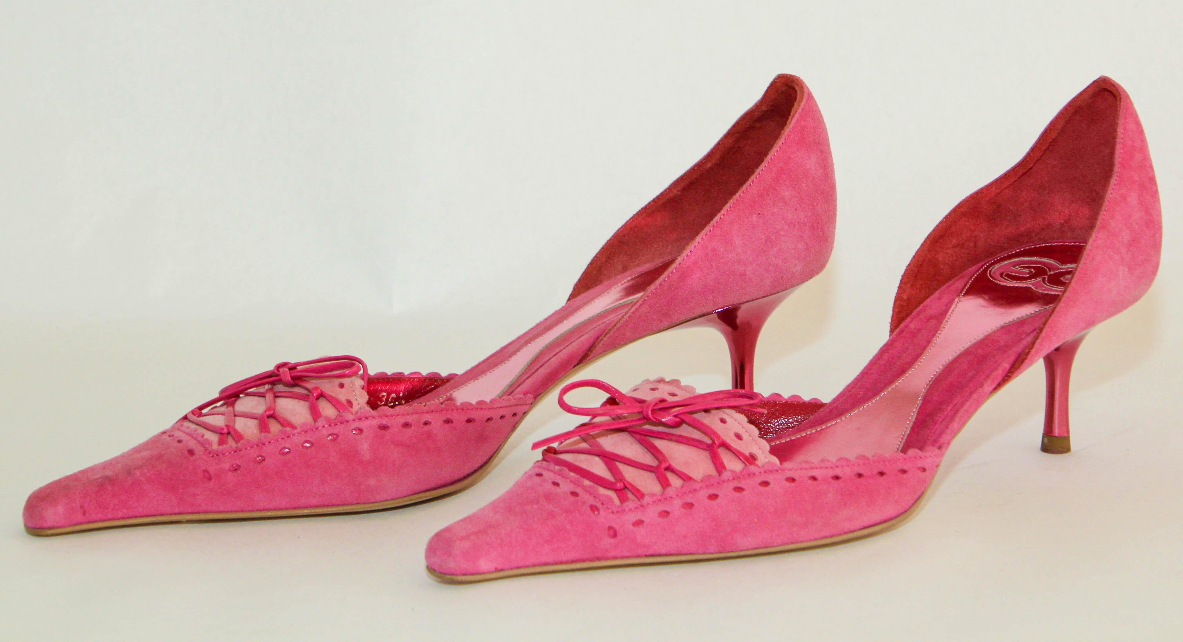 Escada pink suede pumps with leather details heels shoes Italy 36.5 Size US 6 1/2. 
These dream-like sandals from Escada are crafted from hot pink fuschia suede and leather lace with pointed toes and lace detailing. 
Beautiful pink Escada runway