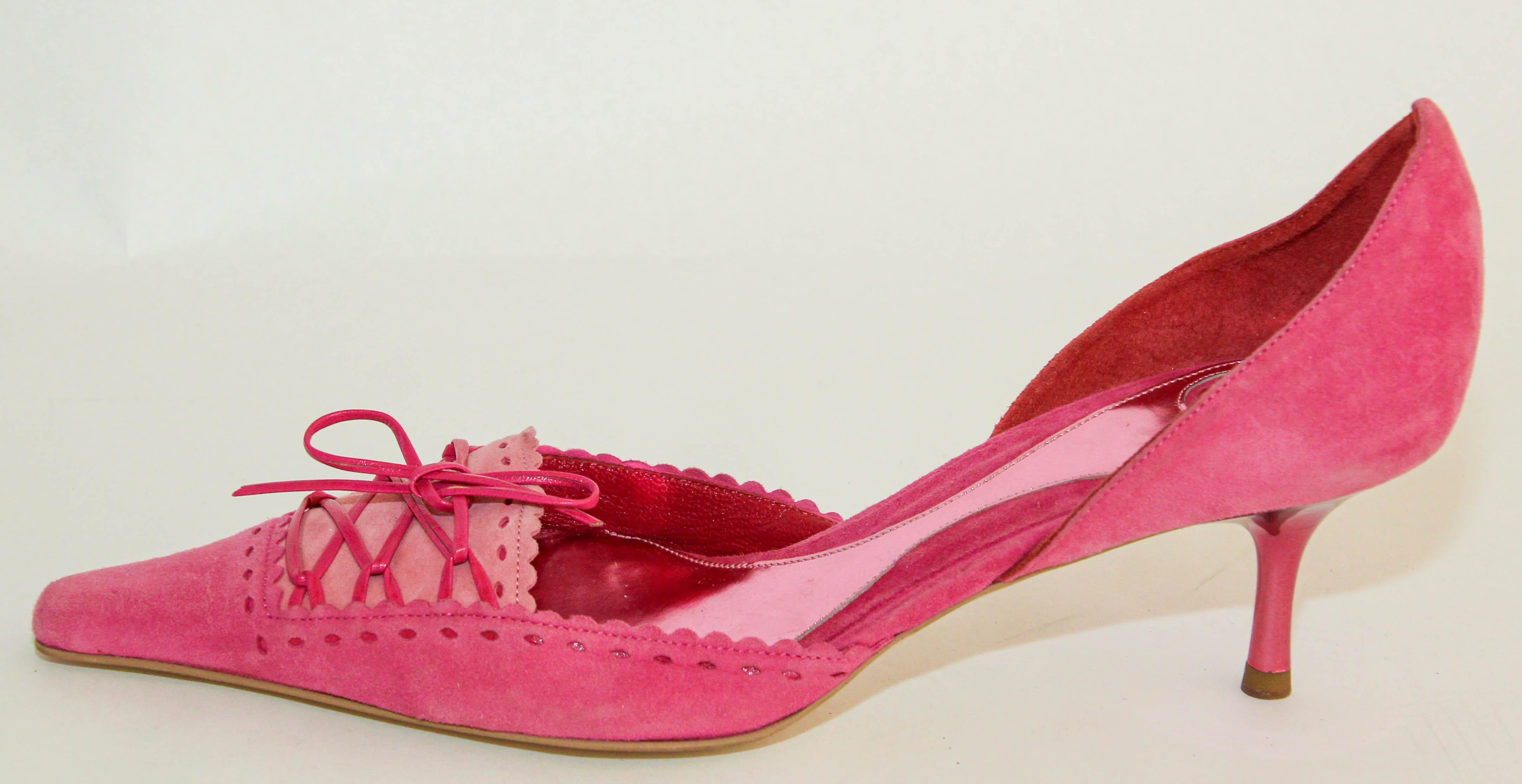 Escada Hot Pink Suede Pumps with Leather Details Size 36.5 Italy In Good Condition In North Hollywood, CA