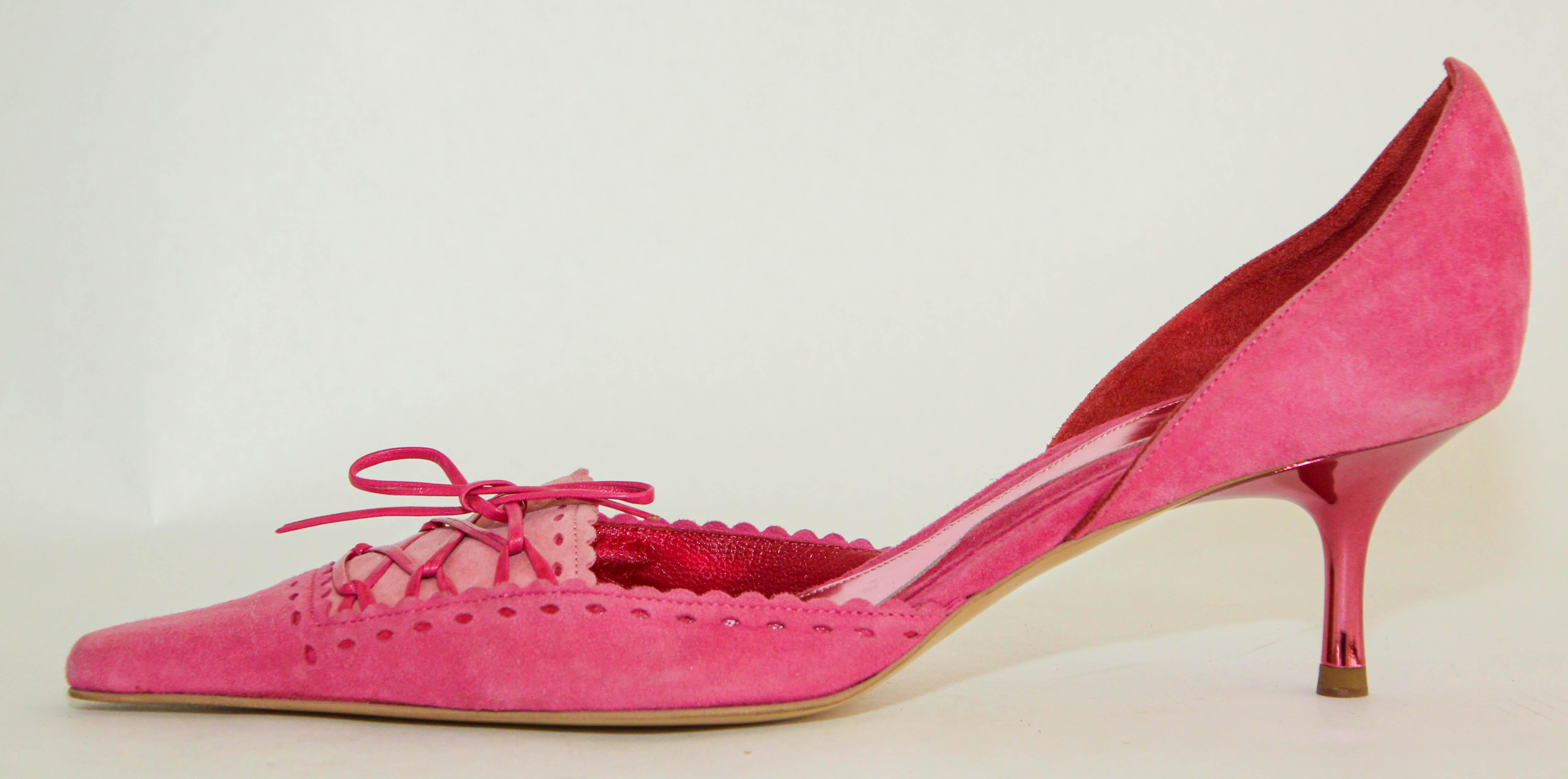 Women's Escada Hot Pink Suede Pumps with Leather Details Size 36.5 Italy