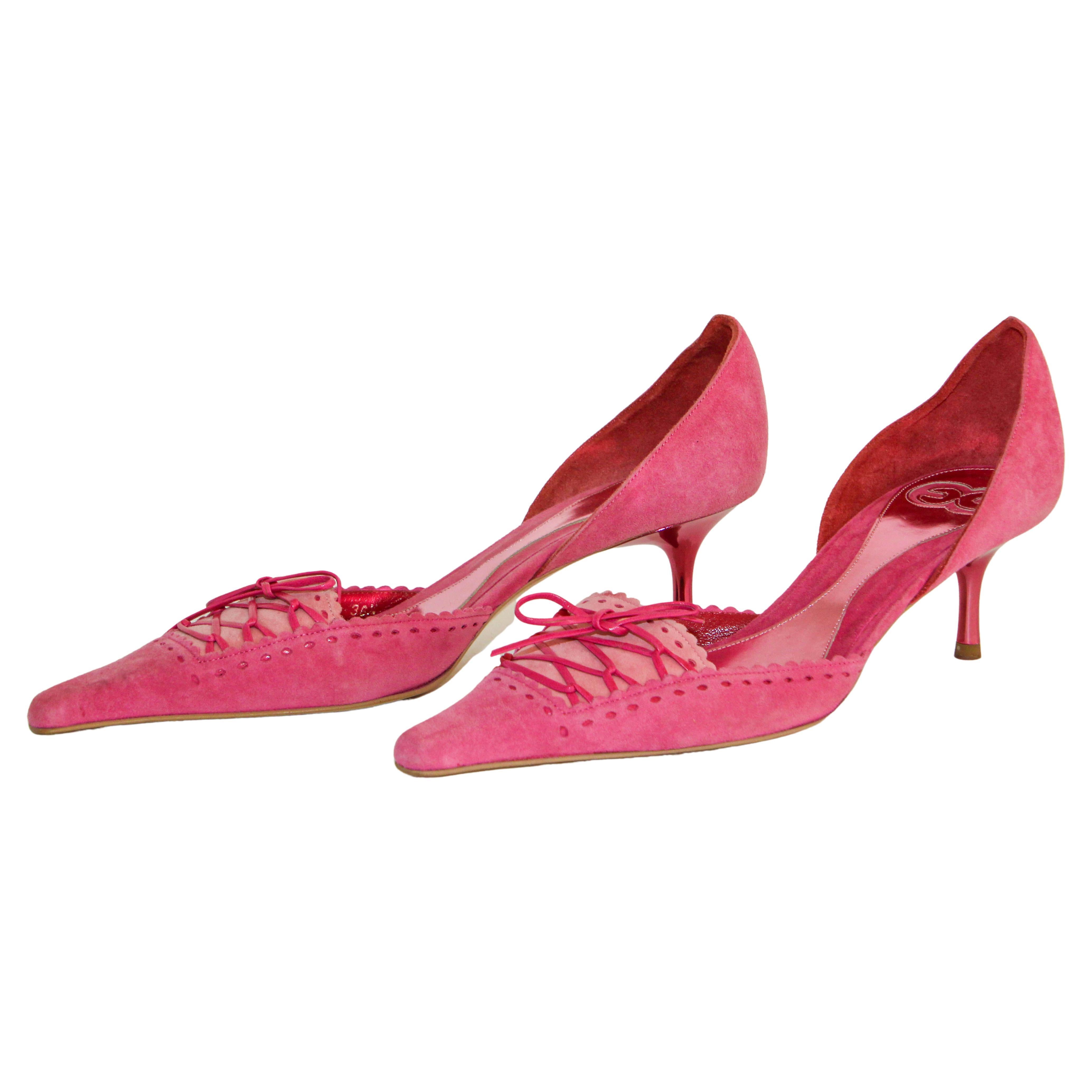 Escada Hot Pink Suede Pumps with Leather Details Size 36.5 Italy
