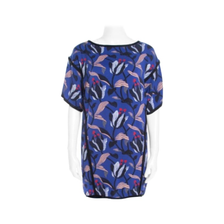 Escada Ink Blue Floral Print Silk Blend Naternia Tunic Top M