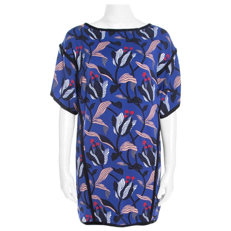 Escada Ink Blue Floral Print Silk Blend Naternia Tunic Top M