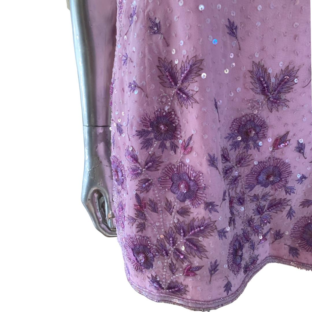 Women's Escada Intricate Floral Beaded Vintage Deep V Back Tunic in Lilac Size Large For Sale