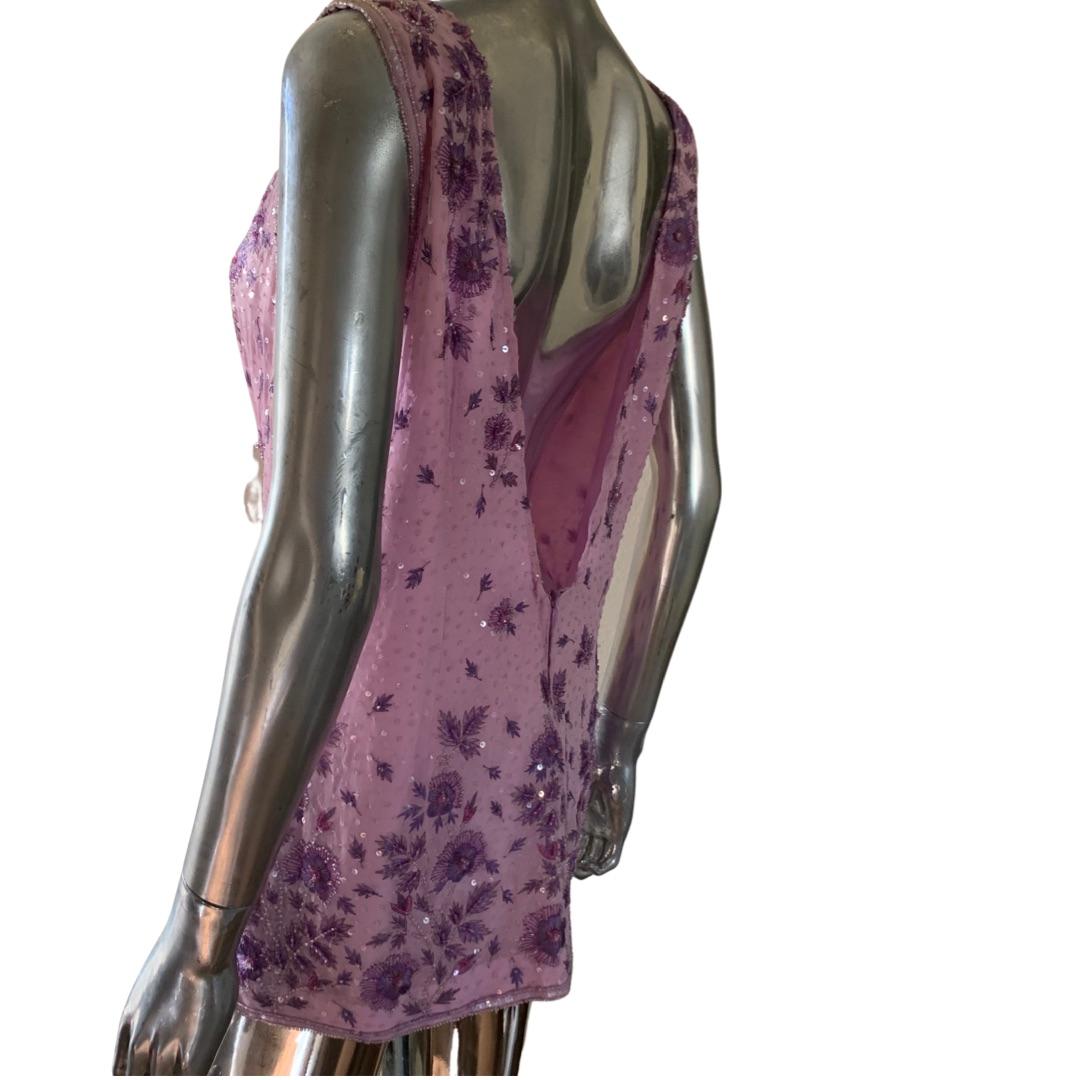 Escada Intricate Floral Beaded Vintage Deep V Back Tunic in Lilac Size Large For Sale 1