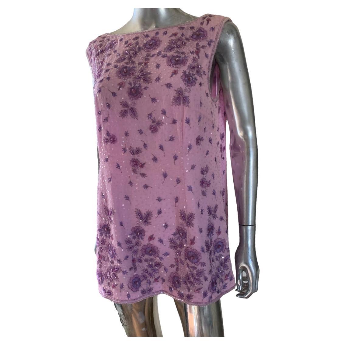 Escada Intricate Floral Beaded Vintage Deep V Back Tunic in Lilac Size Large For Sale