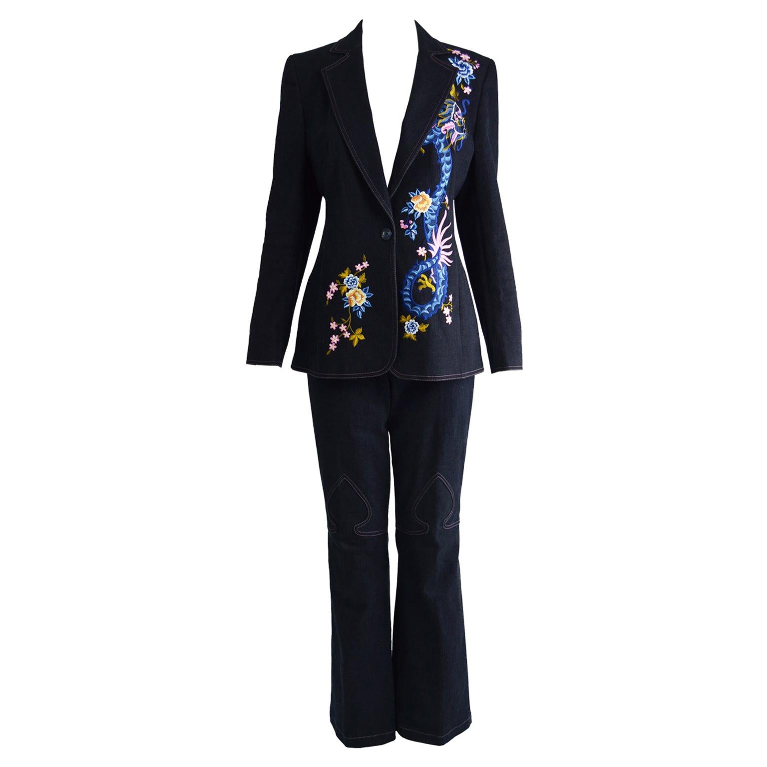 Escada Intricately Embroidered Dragon Women's 2 Piece Denim Flared Jean Suit  at 1stDibs | women's 2 piece denim suit, embroidered suit womens, women's  embroidered suit