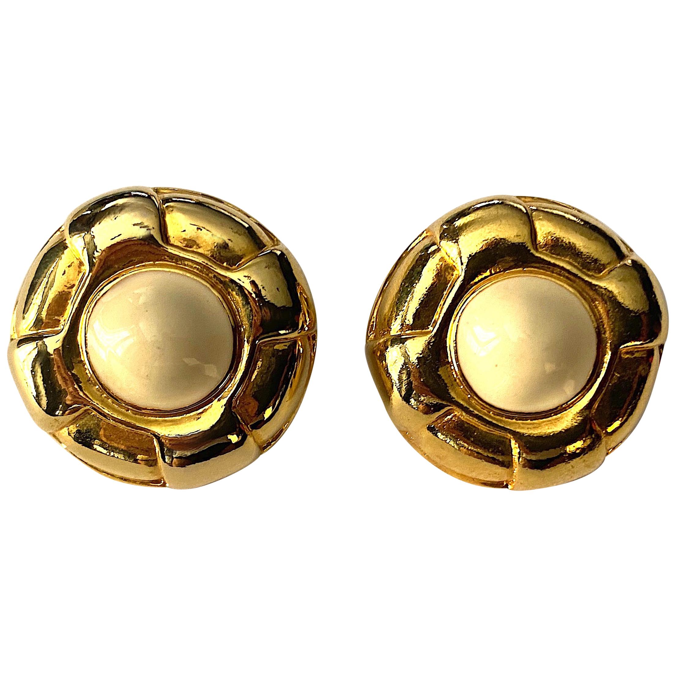 Escada Ivory enamel and Gold Buttom Earrings