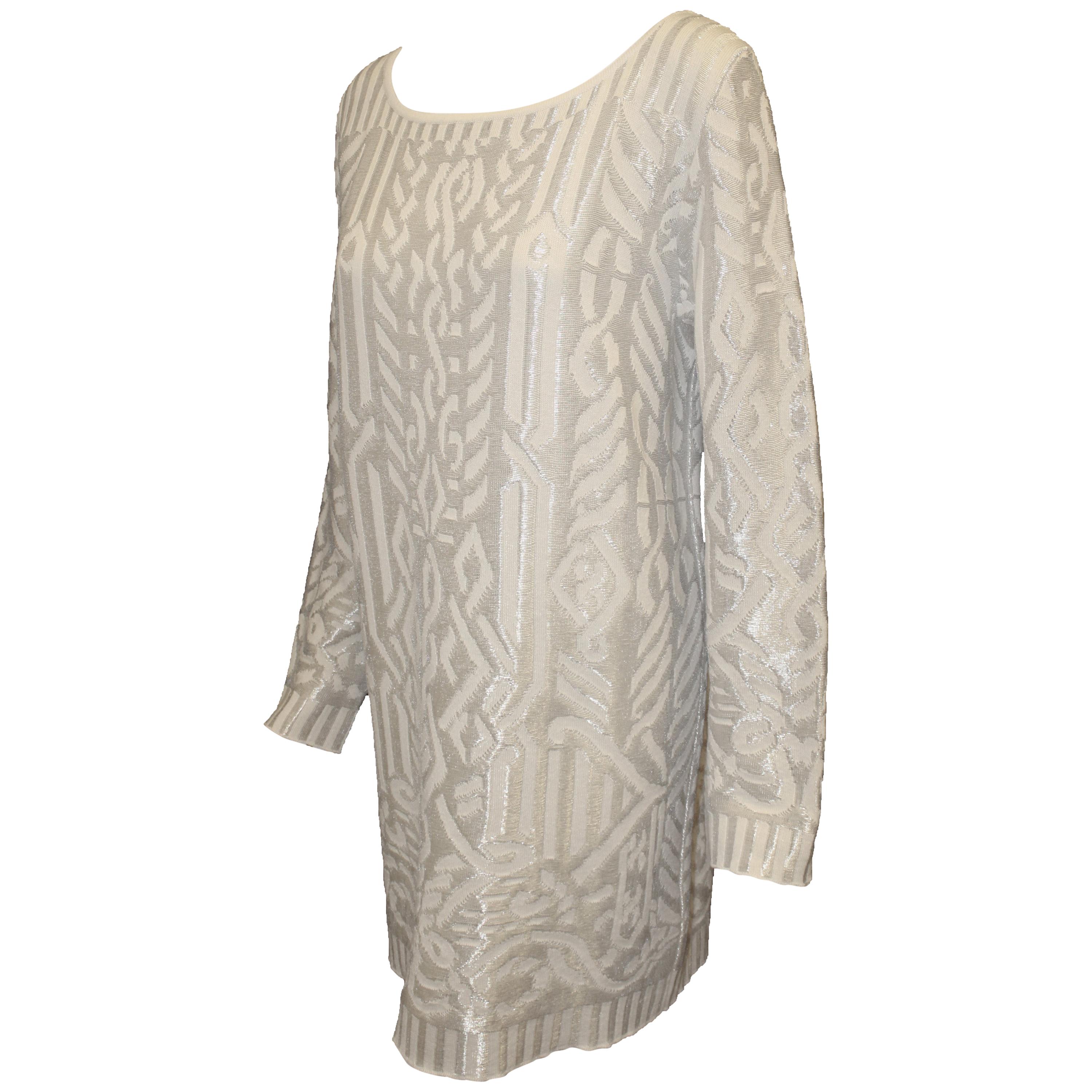 Escada Ivory Tunic Style Sweater Dress with Silver Metallic Threads For Sale