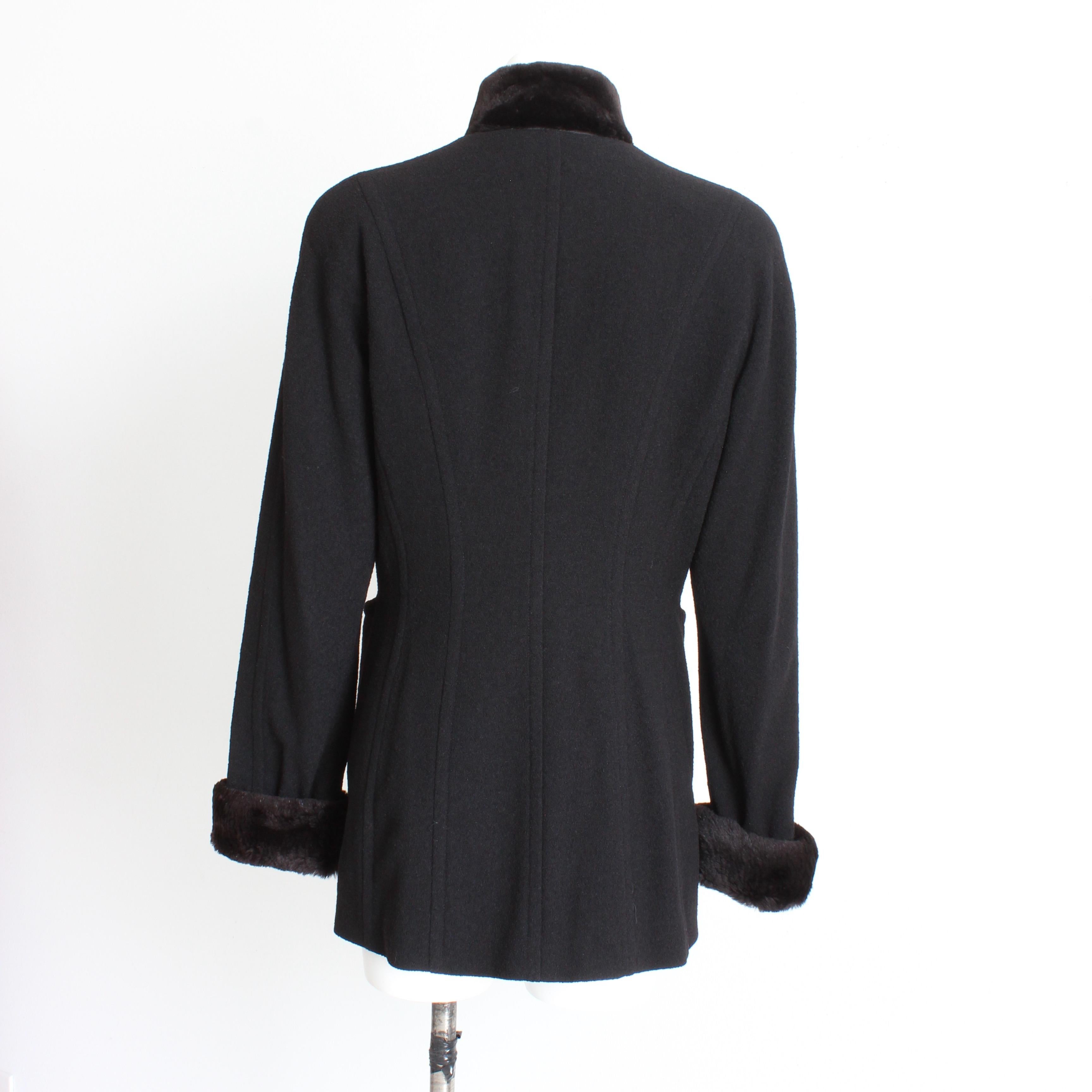 Women's Escada Jacket Black Wool Blend Removable Sheared Beaver Fur Trim Vintage 90s 40 For Sale