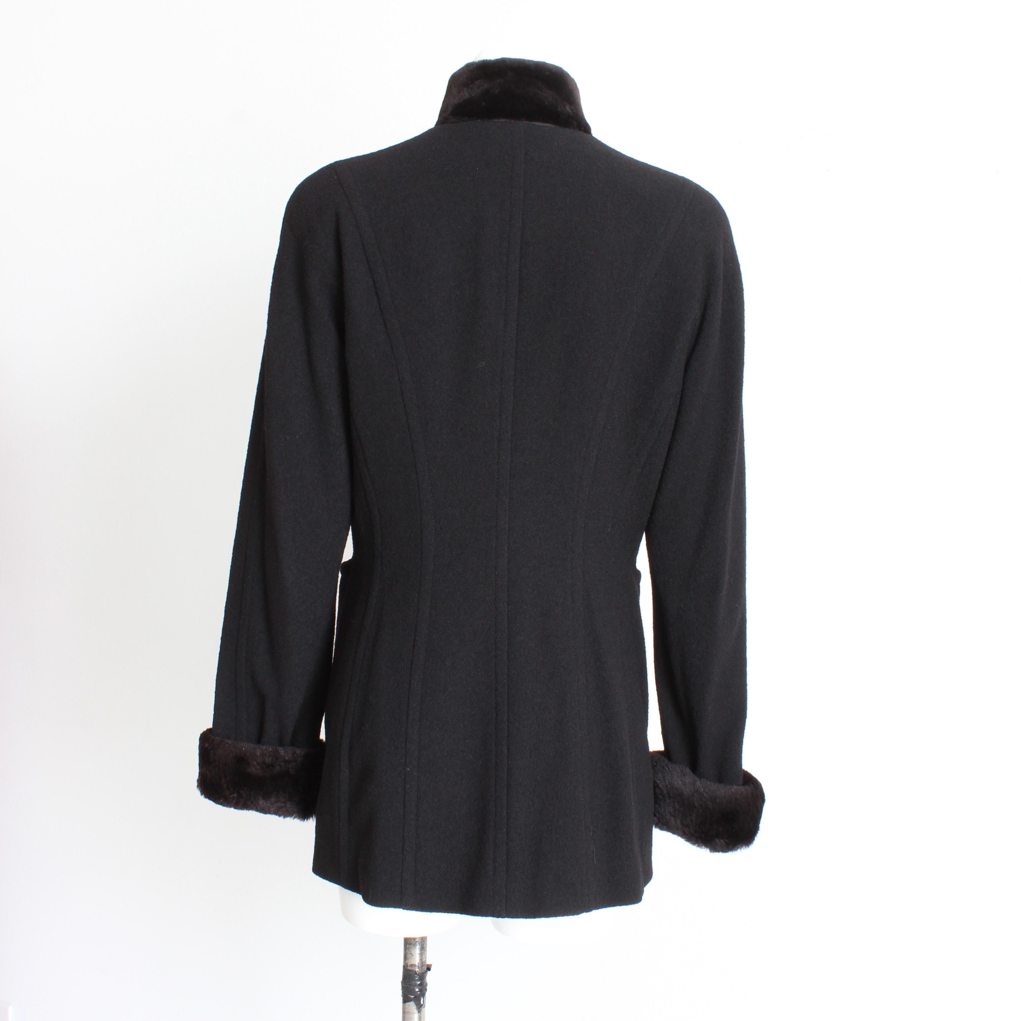 Women's Escada Jacket Coat Black Wool Blend Removable Sheared Beaver Fur Trim Vintage 40 For Sale