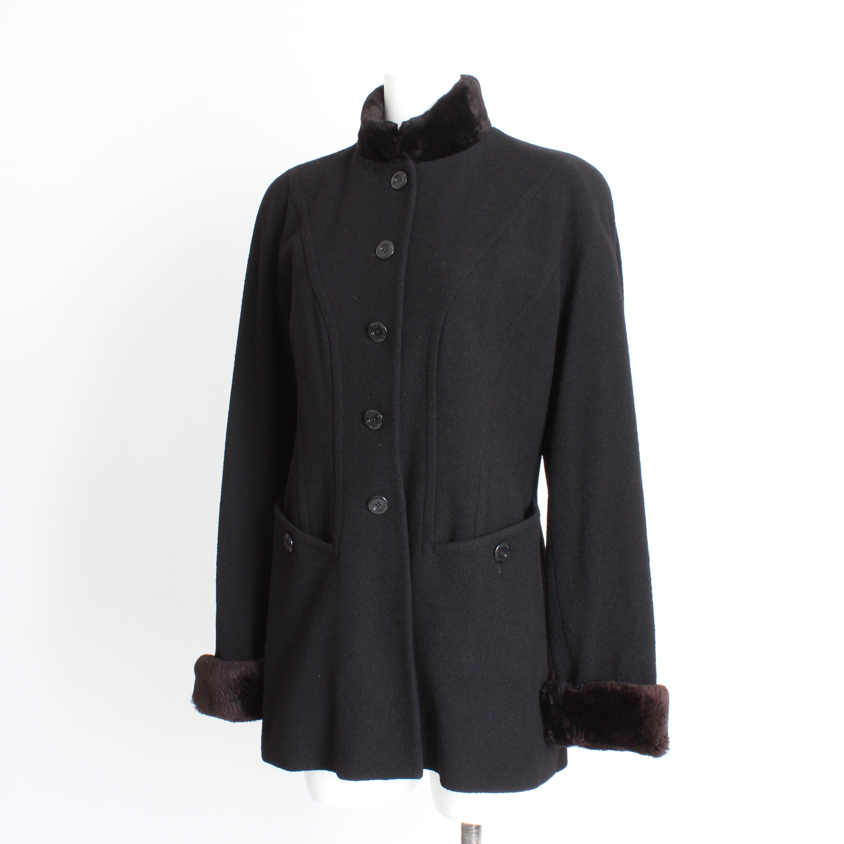 Escada Jacket Coat Black Wool Blend Removable Sheared Beaver Fur Trim Vintage 40 For Sale 2
