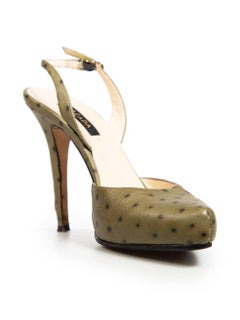 Escada Khaki Ostrich Leather Slingback Pumps Size IT 37