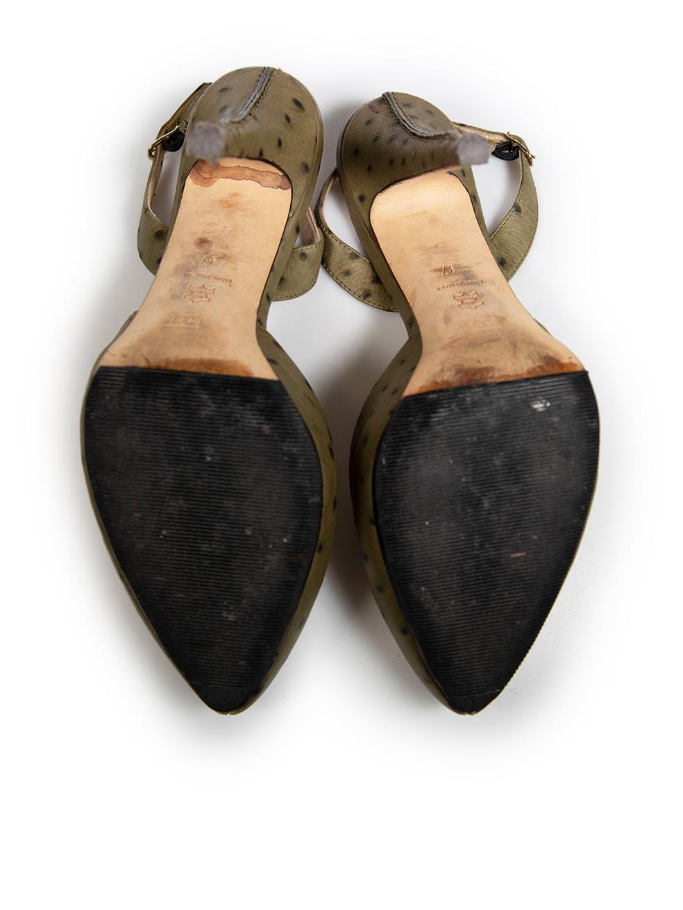 Escada Khaki Ostrich Leather Slingback Pumps Size IT 37 In Good Condition In London, GB