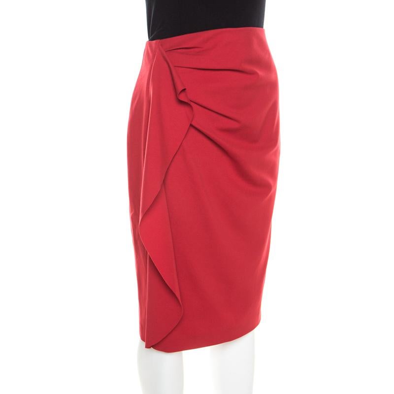 Escada Lacquer Red Stretch Knit Draped Ranani Pencil Skirt M In Excellent Condition In Dubai, Al Qouz 2