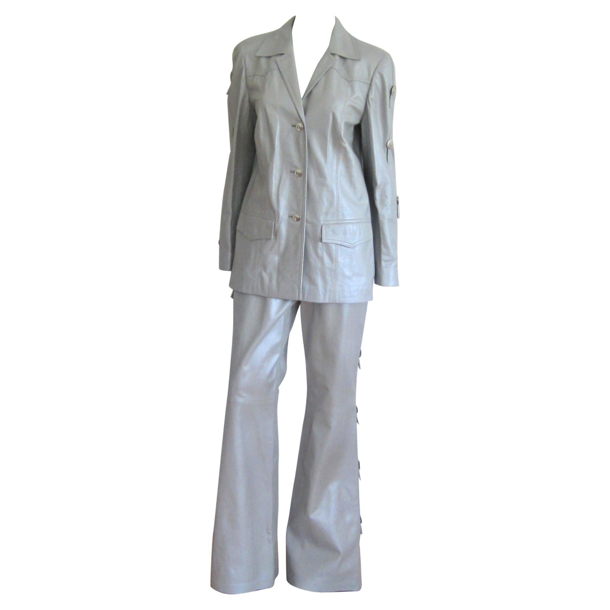  Escada Leather Jacket Pants - Western Motif Grey Suit New With Tags 1990s  For Sale