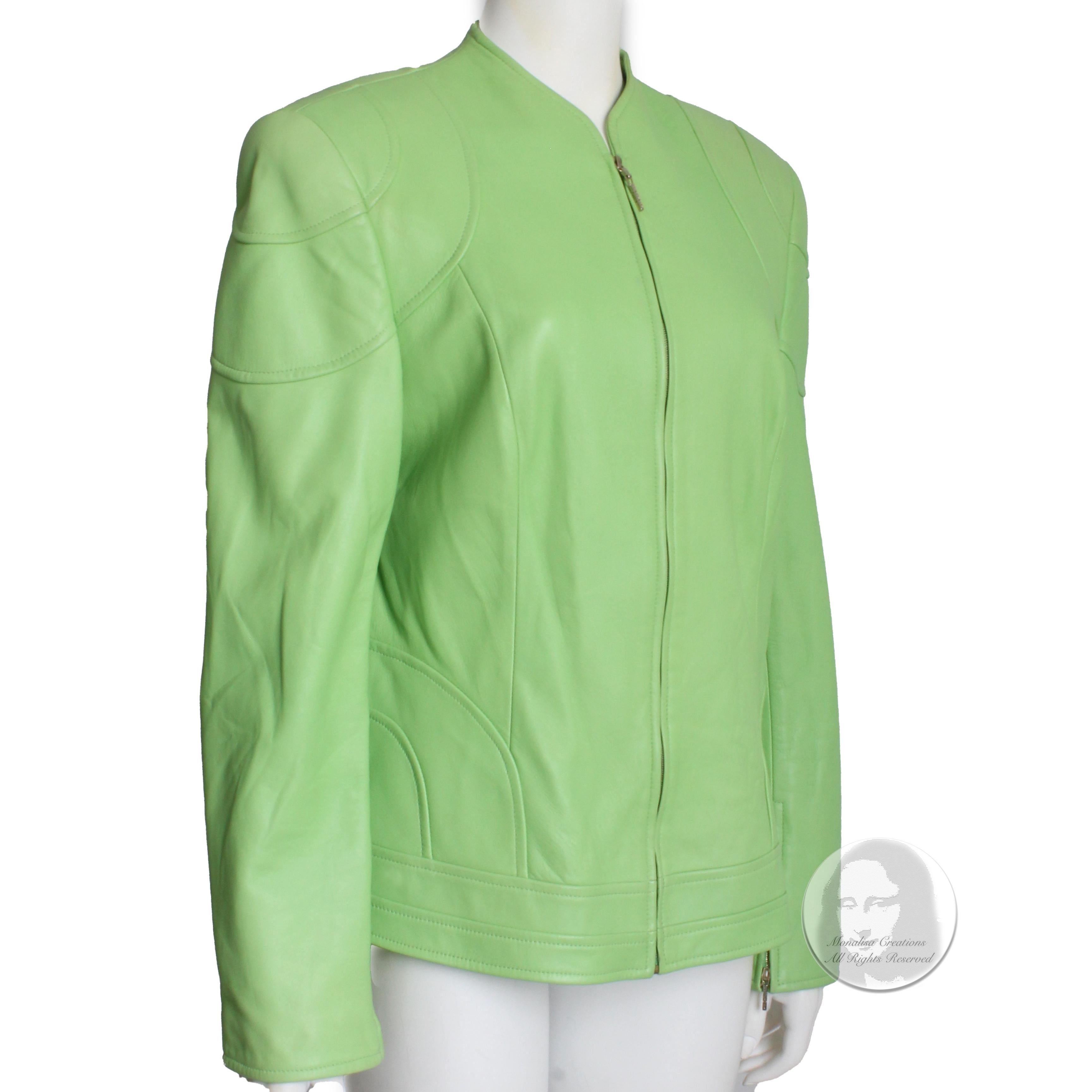 Escada Leather Jacket Soft Lime Green Lambskin Zip Front Vintage 90s Rare Sz 44 In Good Condition In Port Saint Lucie, FL